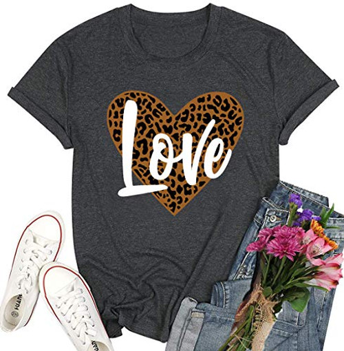 Valentine's Day Shirt for Women Leopard Love Heart Shirt Leopard Print Top Valentines Shirts Women (Grey, L)