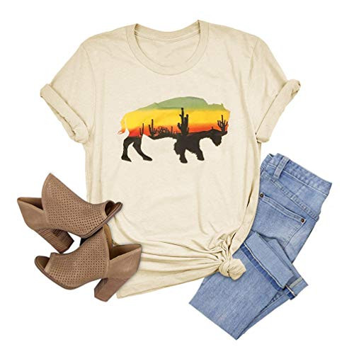 HDLTE Western Buffalo Cactus Graphic Tee Shirts Women Vintage Short Sleeve Causal Tops(Beige,S)
