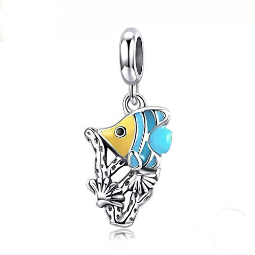 Blue Mermaid Tail  and  Shell Pearl Charm 925 Sterling Silver Ocean Charm Beads for Bracelet  and  Necklace (Yellow)
