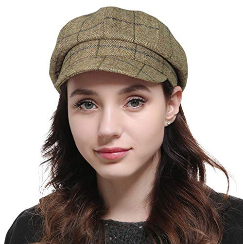 Women's Newsboy Hats Spring Wool Cabbie Beret Tweed Plaid Paperboy Cap Brown