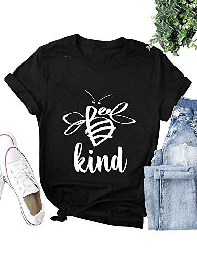 Yuan Women Be Kind Shirt Cute Bee Graphic Tee Short Sleeve Casual Tops Blouse (Black,L)