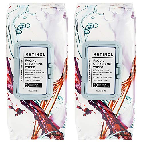 Body Prescriptions 2 Pack (50 Count Each) Retinol Facial Cleansing and Gentle Make Up Remover Wipes