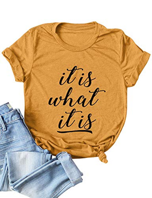 Hubery Women Casual Short Sleeve Solid Color Tee It is What It is Letter Printed Tees T Shirts Tops (Mustard Yellow, US L)