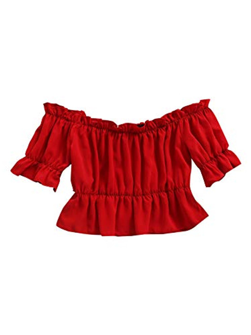 LYANER Women's Off The Shoulder Ruffle Trim Short Sleeve Tube Crop Top Bardot Blouse Red Small