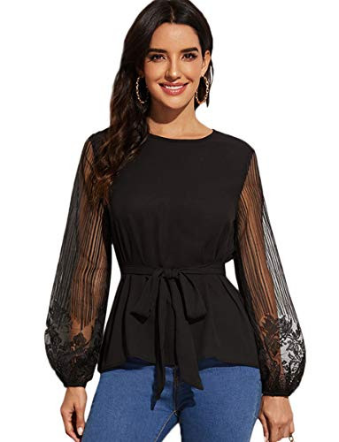 Romwe Women's Sheer Mesh Lace Long Sleeve Belted Elegant Workwear Blouse Shirt Top Black L