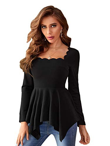 Romwe Women's Long Sleeve Scallop Edge Square Neck Ruffle Irregular Peplum Tops Blouse Black S