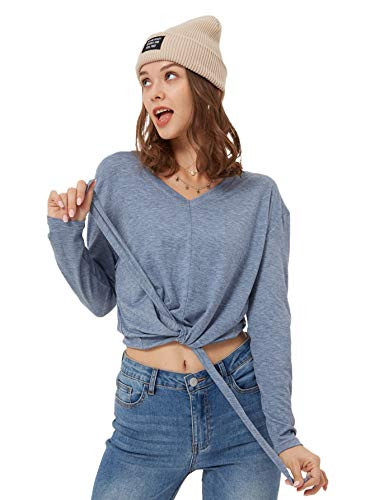Romwe Women's Casual Long Sleeve Tie Knot Front V Neck T Shirt Crop Tops Tee Dusty Blue L