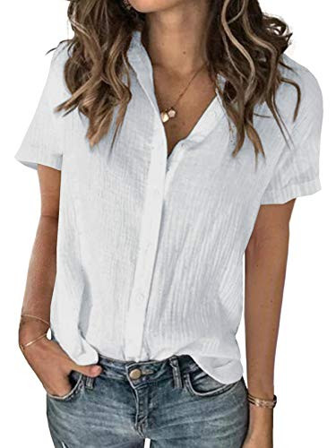 Karlywindow Womens Short Sleeve Button Down Cotton Linen Shirt Blouse Loose Fit Summer V-Neck Tops White