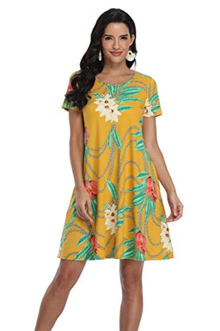 sophiashopping Women's Floral Summer Dress with Pockets Short Sleeve Swing Beach Dress Casual Loose T Shirt Dress Knee Length, 2XL