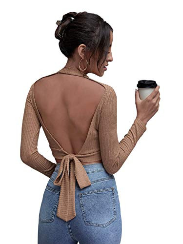 MakeMeChic Women's Solid Backless Tie Back Long Sleeve Crop Tee Top Brown M