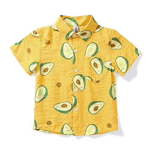 OCHENTA Boy's Avocado Print Short Sleeve Button Down Hawaiian Shirt, Aloha Party Tops D Yellow Tag 180CM - 13-14 Years