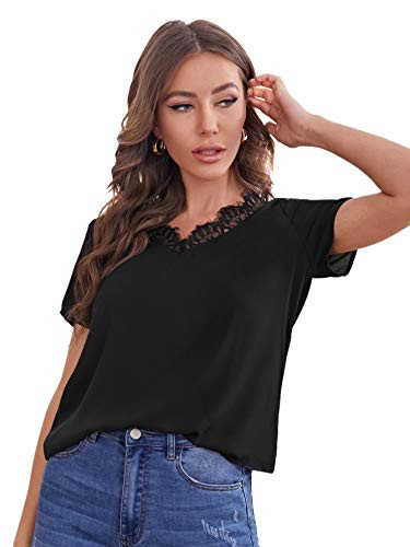 SheIn Women's Lace Trim V Neck Blouse Tops Short Sleeve Solid Shirt Black L