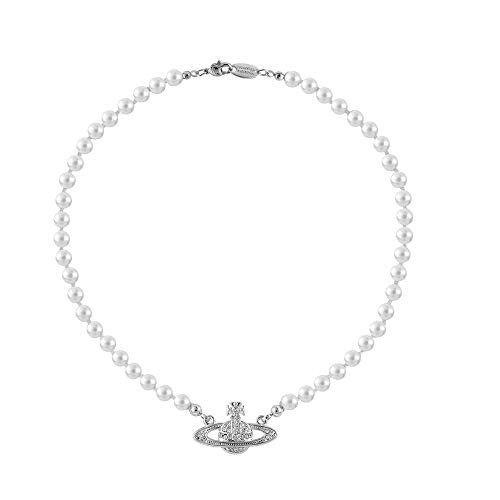 ytchmibb White Pearl Bead Necklaces Crystal Rhinestone Saturn Planet Necklace (Silver)