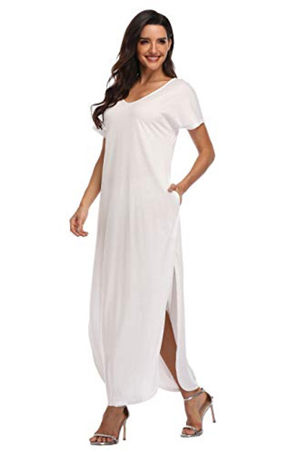 Women's Maxi Dresses Short Sleeve Summer Beach Dress Casual Loose V Neck Side Split Long Dress with Pockets, White L