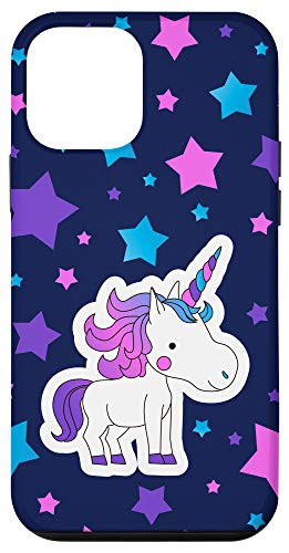 iPhone 12 mini Cute Cartoon Unicorn and Bright Stars on Navy Background Case