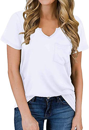Hount Women's Short Sleeve Tops Casual Summer Shirts V Neck Loose Fitting T Shirt Medium,A-White