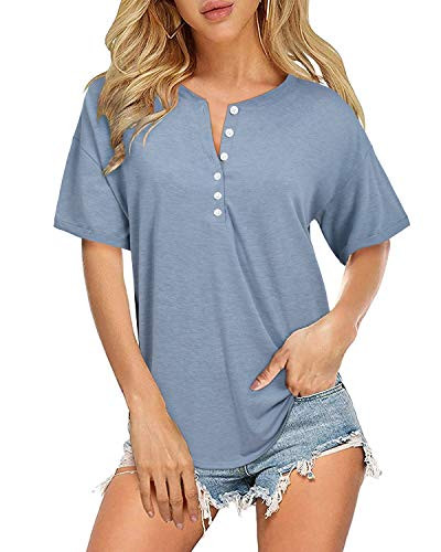 II ININ Women's Summer V Neck Henley T Shirt Short Sleeve Button Casual Tops Blouse Tunic(Blue,Large)