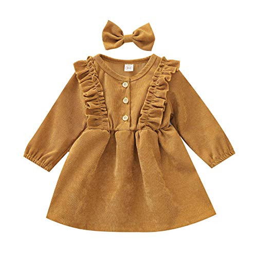Karuedoo Kids Toddler Baby Girl Corduroy Ruffle Long Sleeve Dress Princess Party Dress Fall Winter Skirt Outfit (A-Yellow, 12-18M) Karuedoo Kids Toddler Baby Girl Corduroy Ruffle Long Sleeve Dress Princess Party Dress Fall Winter Skirt Outfit (A-Yellow, 12-18M)