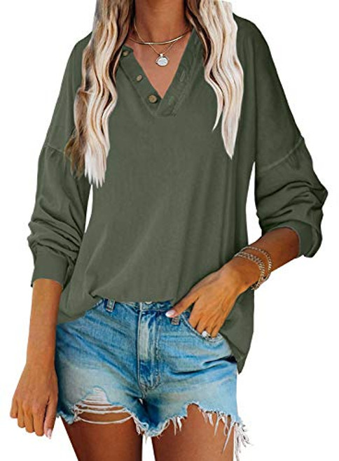 Angerella Women Henley Shirts V Neck Long Sleeve Casual Slouchy Loose Blouses Button Up Lightweight Pullover Tops Army Green L