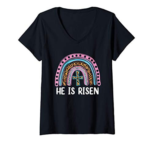 Womens He Is Risen Leopard Rainbow Christian Jesus Happy Easter Day V-Neck T-Shirt