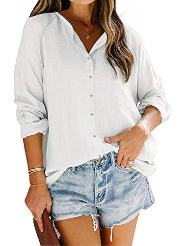 Ryannology Womens Button Down Long Sleeve V Neck Blouse Roll Up Sleeve Casual Work Plain Linen Cotton Shirts White