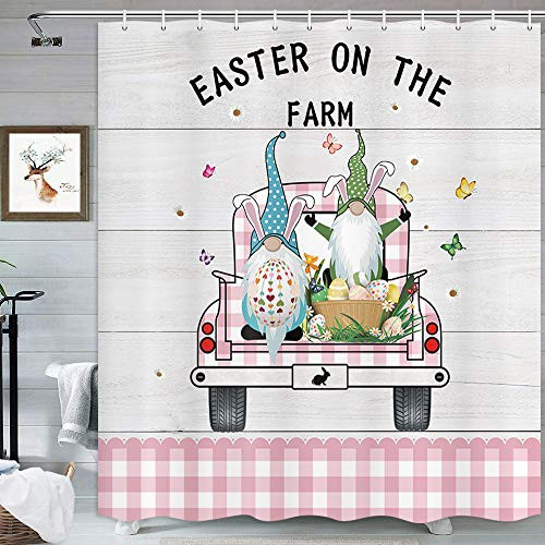 Buffalo Check Plaid Easter Gnome Shower Curtain for Bathroom, Pink Farmhouse Truck Funny Gnomes Colorful Easter Eggs Shower Curtains, White Wooden Shower Curtain Set Hooks Included, 69X70 inches Buffalo Check Plaid Easter Gnome Shower Curtain for Bathroom, Pink Farmhouse Truck Funny Gnomes Colorful Easter Eggs Shower Curtains, White Wooden Shower Curtain Set Hooks Included, 69X70 inches
