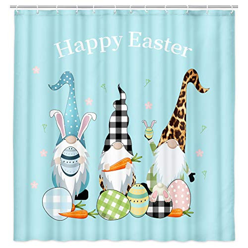 JAWO Happy Easter Shower Curtain, Cute Easter Gnomes with Colorful Egg Fabric Shower Curtain with Hooks, Buffalo Check Plaid Farmhouse Bath Curtain 69W X 70L Inch
