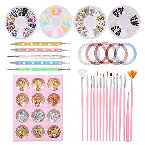 Fesjoy Nail Art Tool Set, Nail Art Tool Kit 15PCS Nail Art Painting Pen 5PCS Dual-end Dotting Pens 10 Rolls Nail Art Decoration Striping Tape Line Sticker 4 Boxes Rhinestones 12 Jars Nail Art Foil