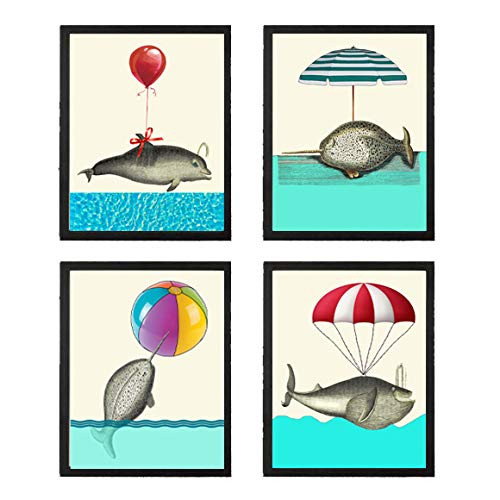 Dolphin Whale Narwhal Print Set of 4 Prints Ocean Sea Beach Ball Balloon Umbrella Home Wall Art Decor Unframed