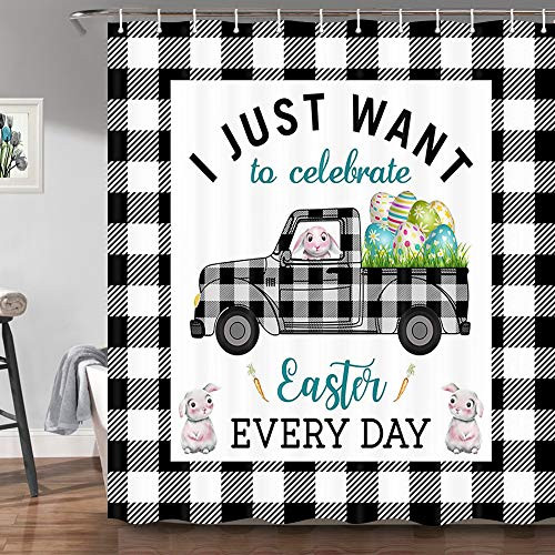 JAWO Buffalo Check Plaid Easter Farmhouse Shower Curtain Farm Truck with Eggs Cute Bunny Rabbit Decor Fabric Bathroom Curtains 69X70 Inches