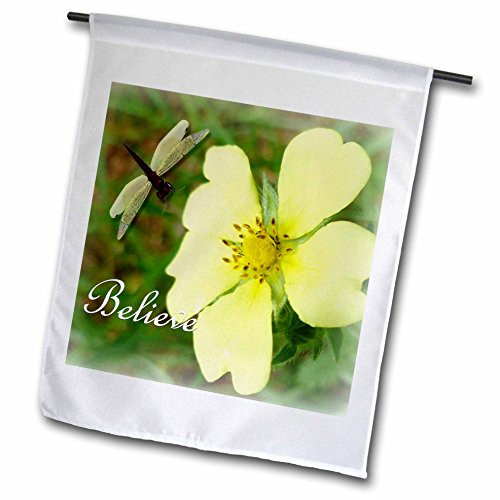 3dRose Dragonfly  and  Yellow Flower Believe - Garden Flag, 12 by 18 inch