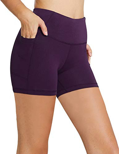 BALEAF Women's 5 inch High Waist Workout Yoga Running Compression Exercise Volleyball Shorts Side Pockets Purple L