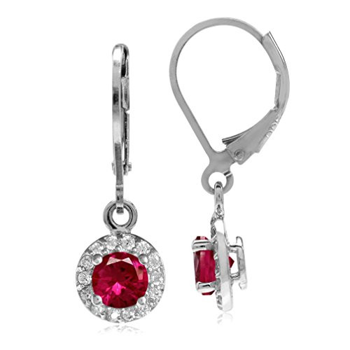 Silvershake 5mm Simulated Red Ruby and White Cubic Zirconia Gold Plated 925 Sterling Silver Halo Leverback Dangle Earrings