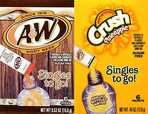 A and W Root Beer  and  Pineapple Crush Singles To Go Drink Mix Combo (Pack of 6)