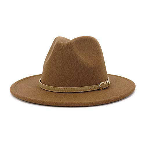 Lisianthus Women Classic Felt Fedora Wide Brim Hat with Belt Buckle Khaki Lisianthus Women Classic Felt Fedora Wide Brim Hat with Belt Buckle Khaki