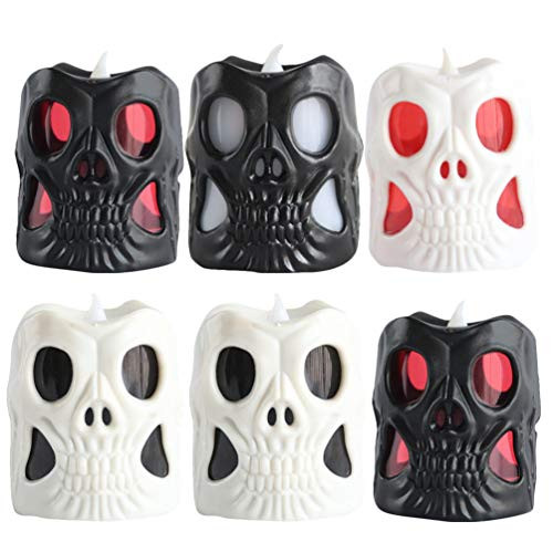 POPETPOP 6 Pcs Halloween Skull LED Candle Flameless Flickering Tea Light Horror Halloween Decorative Electric Candles Lights Party Supplies