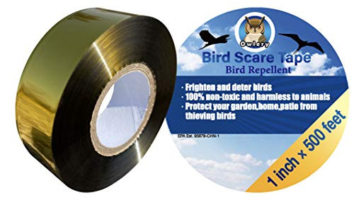Owlery Bird Repellent Tape, 1 inch x 500 ft Reflective Bird Scaring Ribbon, Solution of Bird Problems, Ideal for Protecting Garden, Patio and Lawn (Yellow)