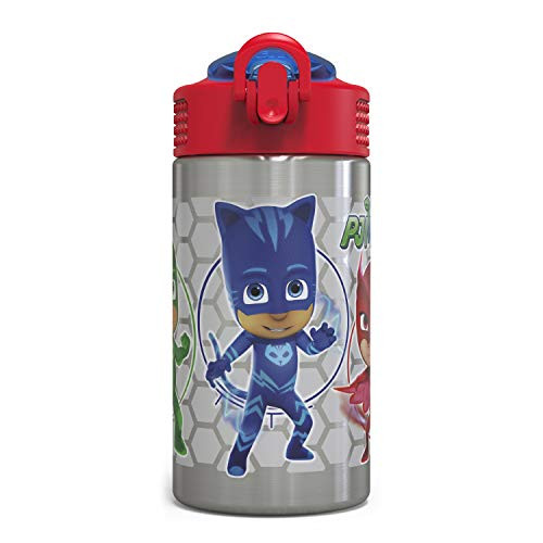 Zak Designs PJ Masks 15.5oz Stainless Steel Kids Water Bottle with Flip-up Straw Spout - BPA Free Durable Design, PJ Masks SS