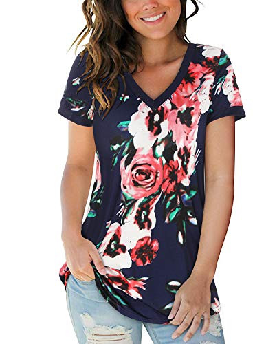 OUGES Women's Basic V Neck Short Sleeve Print T Shirts Summer Casual Tops Blouse(Floral 3,M)