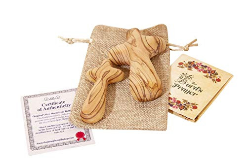 Hand-Held Olive Wood - Clinging Cross - Comfort Cross 4.5 inchplus3.5 inch Set from Bethlehem And The Lord's Prayer card - Fine Prayer Comfort Holding Wooden Cross - Palm Size Christian Gift in a Gift bag