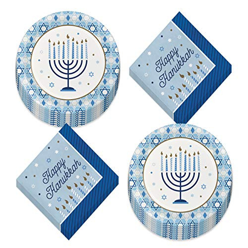 Happy Hanukkah Menorah  and  Star of David Paper Dinner Plates and Luncheon Napkins (Serves 16)