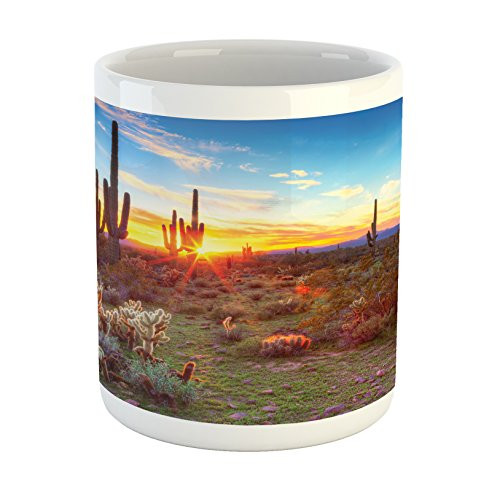 Lunarable Saguaro Mug, Sun is Setting Between Saguaros Wildflowers in the Sonoran Desert Scene Picture, Ceramic Coffee Mug Cup for Water Tea Drinks, 11 oz, Orange Olive