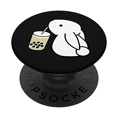 Cute Bunny Drinking Boba Milk Tea Black PopSockets PopGrip: Swappable Grip for Phones  and  Tablets