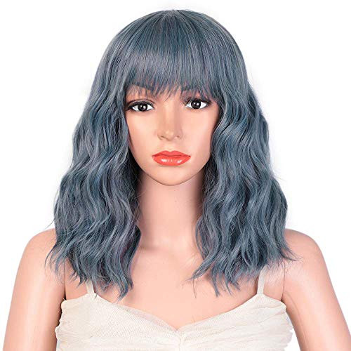 AISI HAIR Bob Curly Wig Synthetic Short Curly Wavy Bob Wig with Bangs Natural Looking Heat Resistant Hair (Blue)