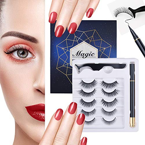 5 Pairs Reusable Magnetic Eyelashes and Magnetic Eyeliner Kit, Upgraded 3D Magnetic Eyelashes Kit With Tweezers Inside, No Glue Needed Magnetic Eyeliner and Magnetic Eyelash Kit ¡­