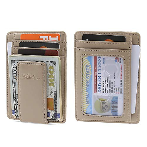 AslabCrew Genuine Leather Magnetic Money Clip Slim Wallets, RFID Blocking, Glam-Beige