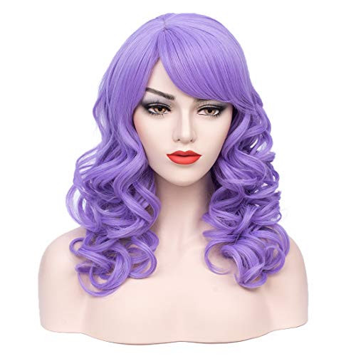 PATTNIUM Long Wavy Curly Purple Wig with Bangs for Women Shoulder Length Rose Net Wig Cosplay Costume Party Wigs (Light Purple)