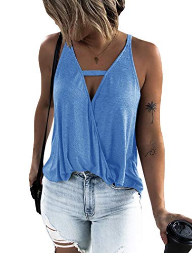 Hilltichu Women's Choker V-Neck Wrap Tank Tops (Blue,X-Large)