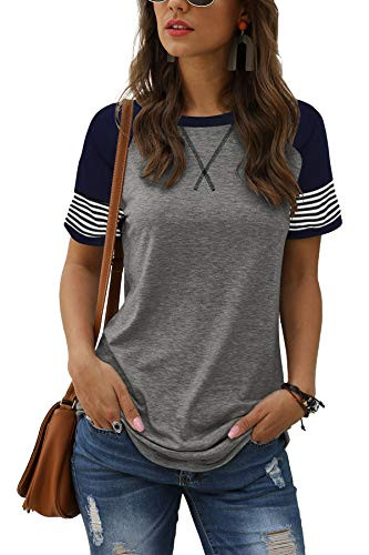 Adibosy Womens Tops Short Sleeve Casual Tunic Shirts Round Neck Striped Color Block Blouse T-Shirt Gray L