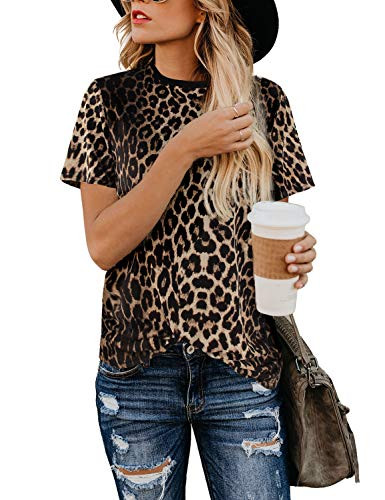 BMJL Women's Casual Cute Shirts Leopard Print Tops Basic Short Sleeve Soft Blouse(Medium,Leopard_Yellow)